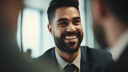 Portrait of a smiling businessman looking at camera while standing in officeの素材