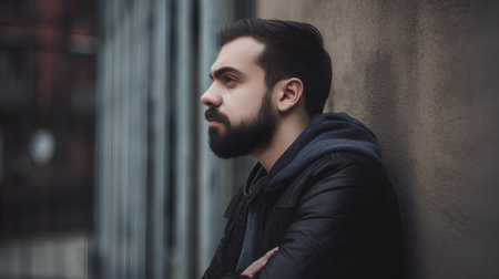 Portrait of a handsome young man with a beard in a black coat on the streetの素材