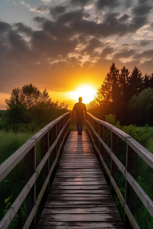 Man walking on wooden bridge over the river at sunset in summer.の素材