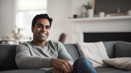 Portrait of young Indian man sitting on sofa in living room at homeの素材