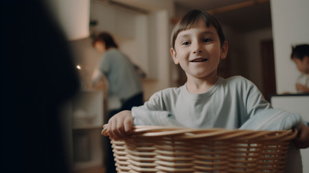 Portrait of a little boy in a wicker basket at homeの素材