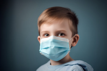 Little boy in medical mask on grey background. Coronavirus conceptの素材