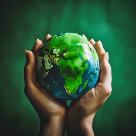 Close up of human hands holding Earth globe. Elements of this image are furnished by NASAの素材