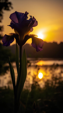Purple iris flower with sunset in the background, soft focusの素材