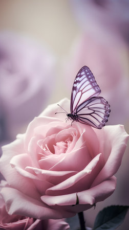 Beautiful pink rose with a butterfly on a blurred background. Toned.の素材