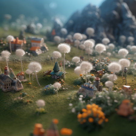 Miniature city with dandelions on the meadow. Miniatures of houses and trees.の素材