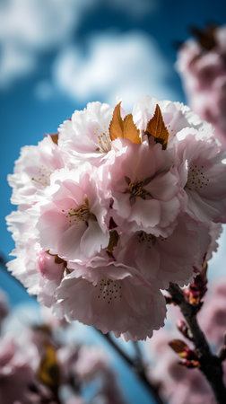 cherry blossom in spring time on blue sky background with copy spaceの素材