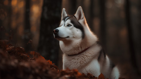 Portrait of a beautiful siberian husky in autumn forestの素材
