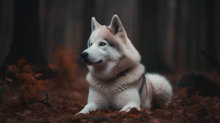 Portrait of a beautiful siberian husky dog in the autumn forestの素材
