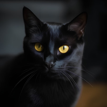 Portrait of a black cat with yellow eyes on a dark backgroundの素材