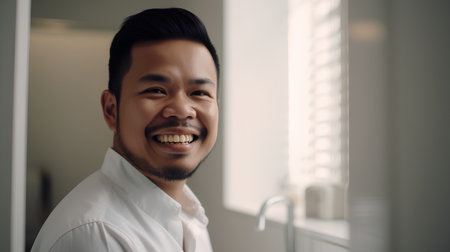 Portrait of handsome asian man smiling and looking at camera.の素材
