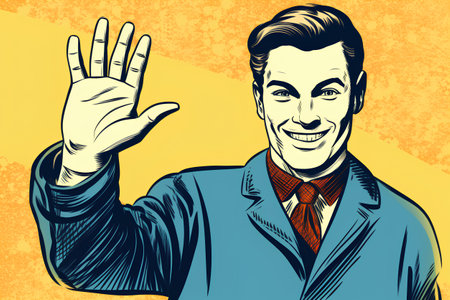 Vector illustration of a man in a suit and tie waving his handの素材