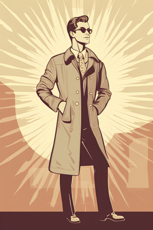 Fashionable young man in trench coat. Vector illustration in retro style.の素材