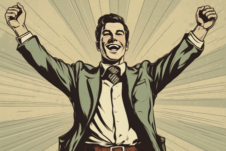 Businessman with hands up celebrating success. Vector illustration in retro styleの素材