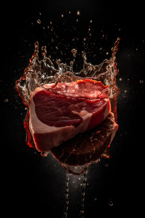 Slice of raw meat with splashes of water on black backgroundの素材