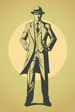 Retro style illustration of a man in a hat and coat.の素材