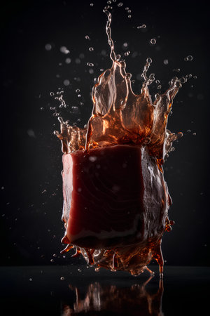 Splash of water on a piece of meat on a black backgroundの素材