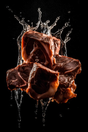 pieces of raw meat falling into water with splash on black background.の素材