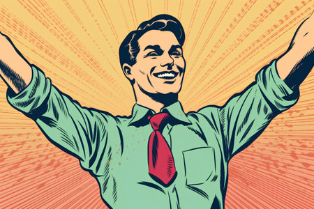 Retro style illustration of a smiling businessman raising his hand up.の素材