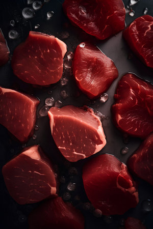 Raw beef meat on a black background. Top view. Toned.の素材