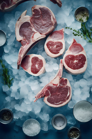 Raw pork chops on ice with spices and herbs. Toned.の素材