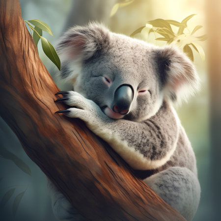 Cute koala bear sleeping on eucalyptus treeの素材