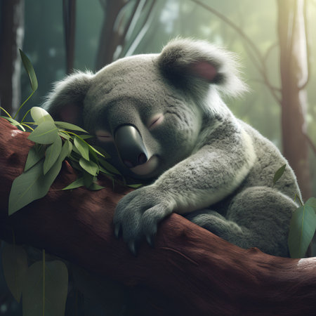 Cute koala sleeping on a eucalyptus treeの素材