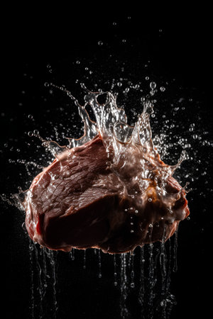 Raw beef meat with splashes of water on a black background.の素材