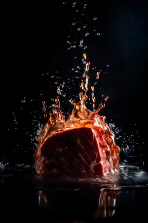 Raw beef steak with splashes of water on a black background.の素材
