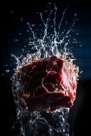 piece of meat with splashes of water on a black background.の素材