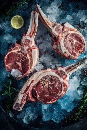Raw fresh lamb chops on crushed ice. Top view. Toned.の素材
