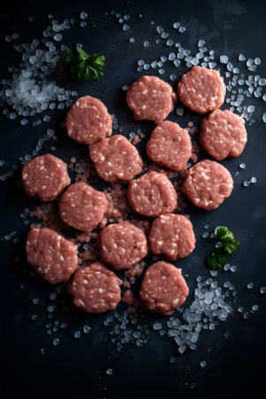 Raw minced meat with salt and parsley on black background, top viewの素材