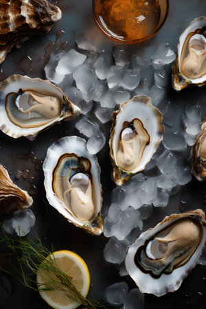 Fresh oysters with ice and lemon on black background, top viewの素材