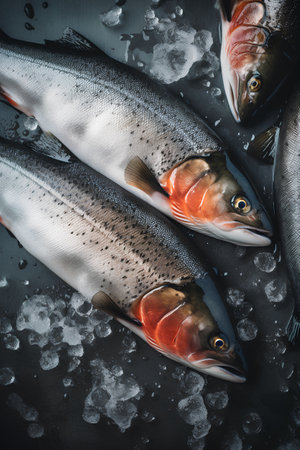 Fresh raw salmon fish with ice cubes on dark background, top viewの素材