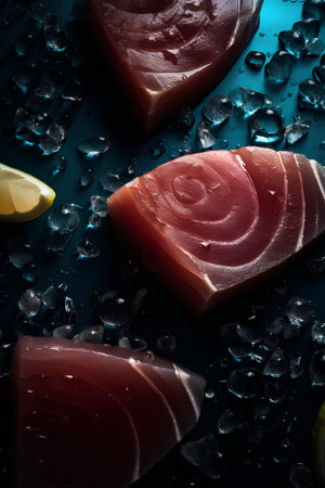 Raw tuna fish with lemon and ice cubes on blue background. Toned.の素材