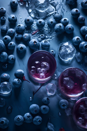 Blueberry cocktail with ice cubes on blue background. Toned.の素材