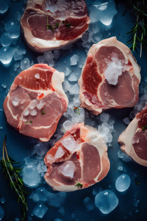 Raw pork chops with rosemary and ice cubes on blue background, top viewの素材