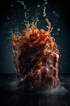 Water splashing from a piece of meat on a black background.の素材