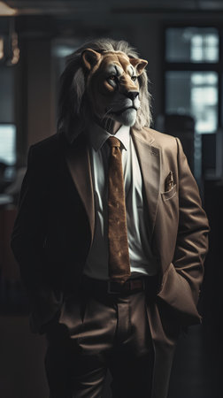 Portrait of a lion businessman in a suit and tie. Fashion shot.の素材