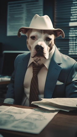 American Staffordshire Terrier dog in a suit and hat sitting at the desk in officeの素材