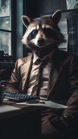 Portrait of a raccoon in a business suit sitting at a table in the officeの素材