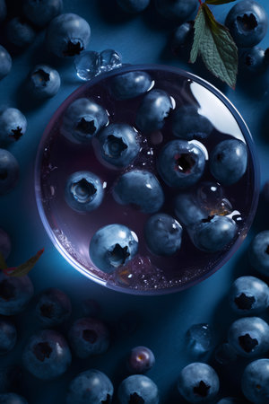 Blueberry smoothie with fresh berries on blue background. Top view.の素材