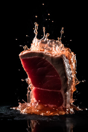 Fresh raw beef steak with splashes of water on black background.の素材