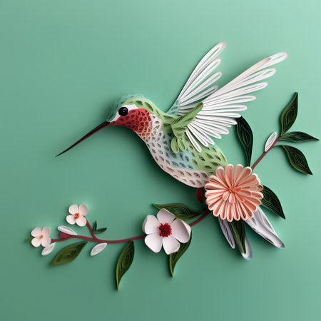 Paper cut hummingbird with flowers on a green background. Vector illustration.の素材