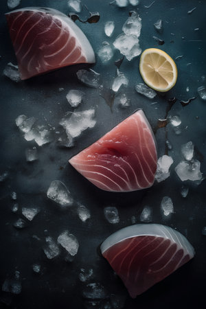 Raw fresh tuna fish with lemon and ice cubes on dark background. Toned.の素材