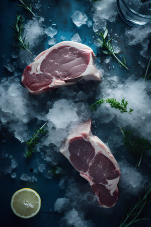 Raw pork chops with rosemary, lemon and ice on blue backgroundの素材