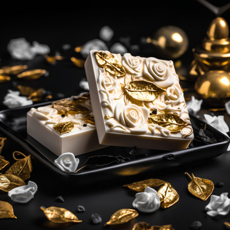 Luxury white chocolate bars with gold leaves on black background.の素材