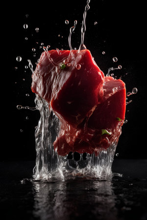 Fresh raw beef meat with water splash, isolated on black background.の素材