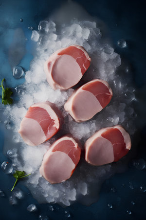 Raw pork chops on ice cubes on blue background. Toned.の素材