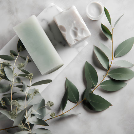 Eucalyptus leaves, soap and creamle backgroundの素材
